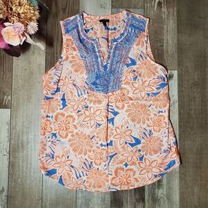 Talbots Coral Orange and Blue Floral 100% Cotton Sleeveless V-Neck Blouse NWOT